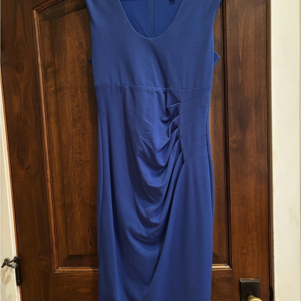 Le Chateau Blue Ruched Sheath Midi Dress
